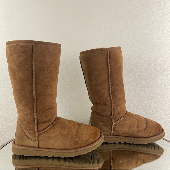 UGG Australia Classic Tall II Chestnut Tan Suede Sheepskin Shearling Wool Boots - Picture 5 of 13